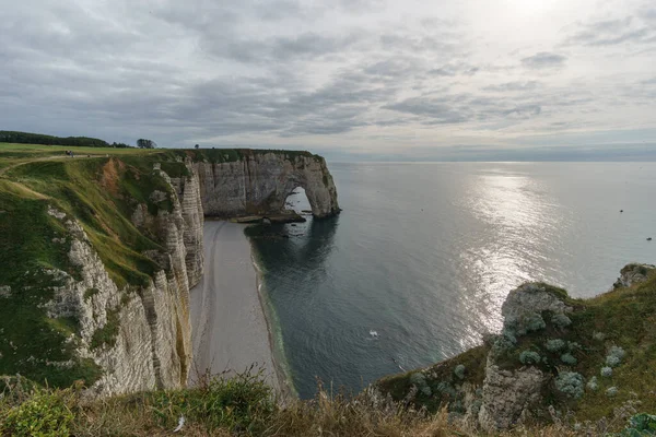 Viewpoint Porte Aval Alabaster Coast Falaise Manneporte Natural Arch Beach — Stock Photo, Image