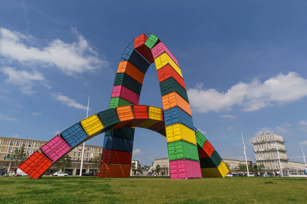 Le Havre, Normandy, France - August 20, 2021: Catene de containers a sculpture by Vincent Ganivet with two arches of containers for the 500th anniversary of the city built in 2017