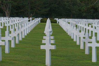 Omaha Beach Cimetiere Americain, Colleville-sur-Mer, Normandiya, Fransa 'daki Amerikan Savaş Mezarlığı' nda şehit olmuş Amerikan askerlerinin beyaz haçları.