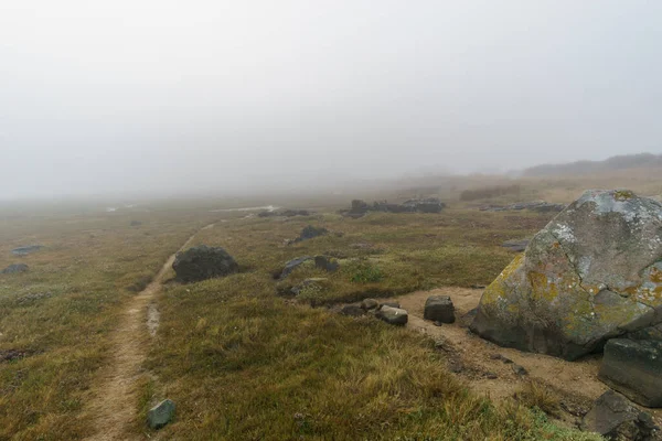 Camino Con Rocas Piedras Niebla Una Nebulosa Mañana Mística Otoño — Foto de Stock