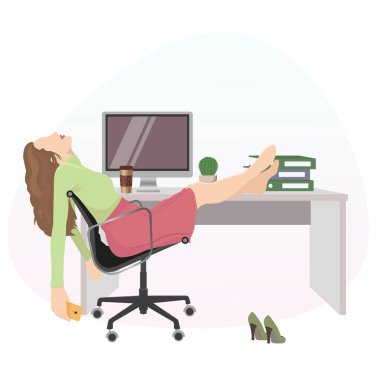 Girl at computer rests after day's work