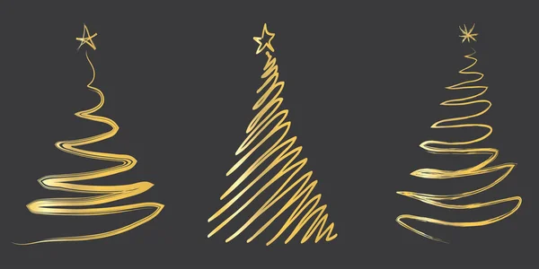 Set Aus Gold Weihnachtsbaum Mit Stern Auf Grauem Hintergrund — Stockvektor