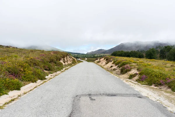 Portekiz, Geres Dağları 'ndaki yol manzarası. Bulutlu gökyüzü. Yüksek kalite fotoğraf