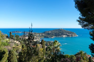 Coast view from the top between trees in the Mediterranean with a deep blue ocean