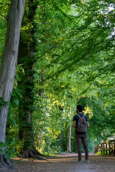 Man on his back in the middle of a forest, looking over his shoulder.