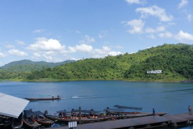 Surat Thani, Thailand - December 7, 2021: The Starting point of the Ratchaprapha Dam journey, Khao Sok National Park