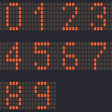 Dijital Numaralar 0-9, Öncü turuncu renk ve koyu arkaplan, Vektör illüstrasyonu