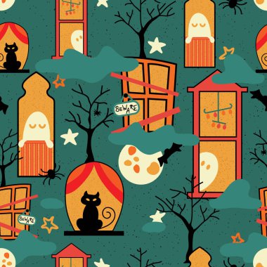 Haunted House and Windows Vector Seamless Pattern