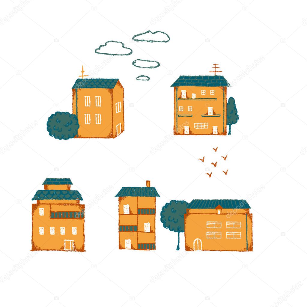 Town Houses Vector Isolated Elements Set