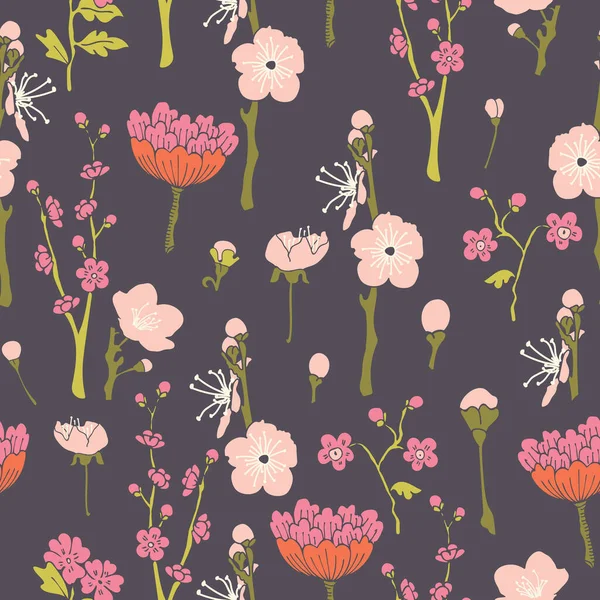 Şakayıklar ve Erik Çiçeği Dalları Vektör Kusursuz Desen