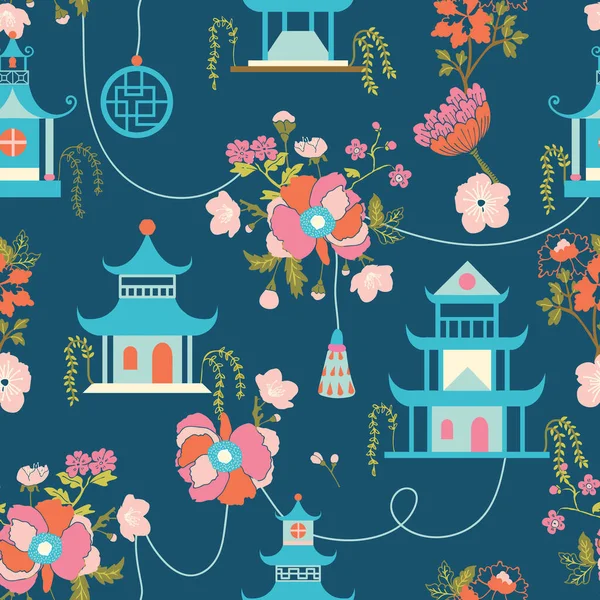 Chinese Gardens Pagodas Vector Seamless Pattern — Stock Vector