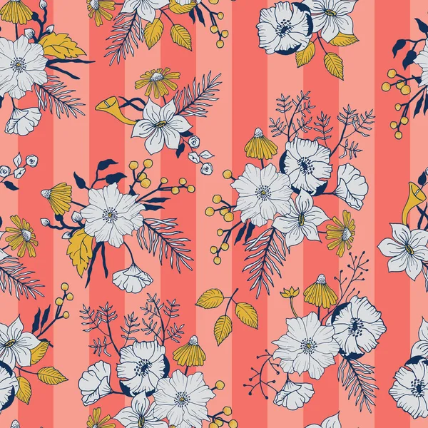 Floral Bunches Coral Striped Background Vector Seamless Pattern — 스톡 벡터