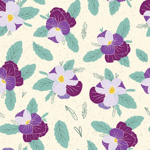 Pansies Flowers Leaves Bunches Vector Seamless Pattern — Stock Vector