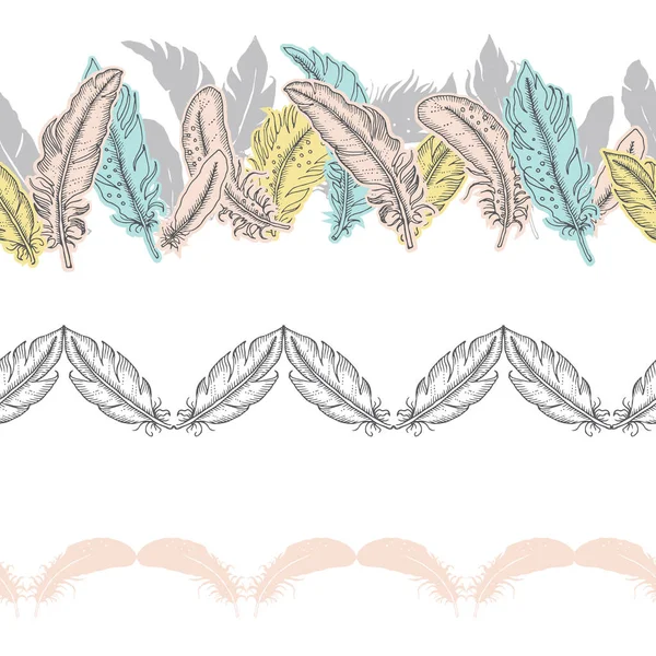 Ensemble Bordures Horizontales Sans Couture Pastel Feathers Vector — Image vectorielle