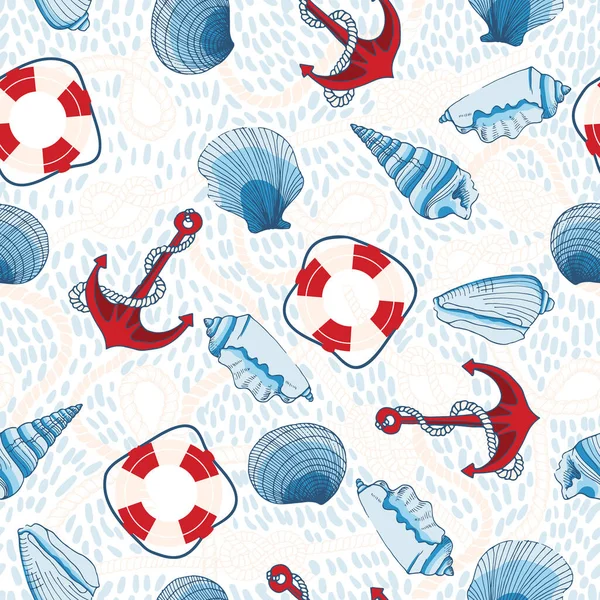 Oggetti Nautici Conchiglie Vettore Seamless Pattern — Vettoriale Stock