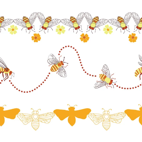 Honigbienen Und Blumen Vektor Nahtlose Horizontale Grenzen Set — Stockvektor