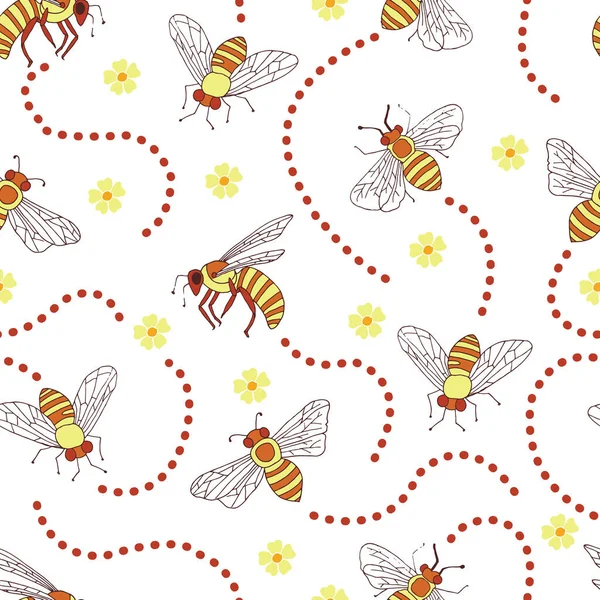 Honigbienen Spur Und Blumen Vektor Nahtloses Muster — Stockvektor