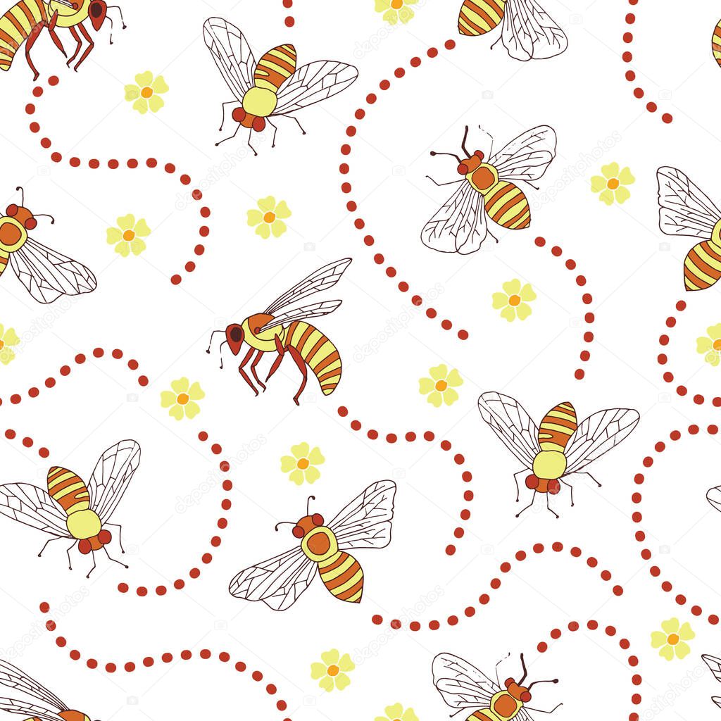 Honey Bees Track and Flowers Vector Seamless Pattern
