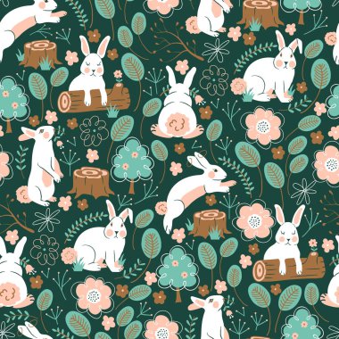 Yeşil Orman Vektörü Şirin Beyaz Tavşanlar Kusursuz Desen