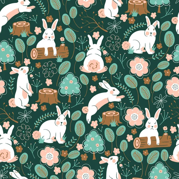 Yeşil Orman Vektörü Şirin Beyaz Tavşanlar Kusursuz Desen