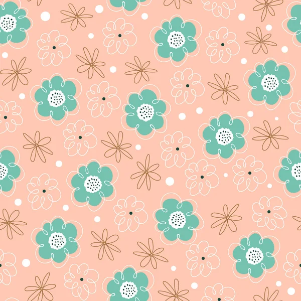 Cute Green Flowers Peach Floral Background Vector Seamless Pattern — Stock Vector