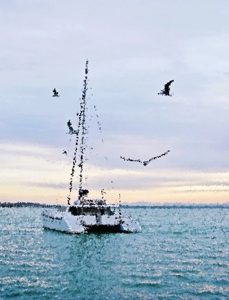 Paisaje Marino Con Catamarán Gaviotas Luz Mañanaimpresión — Foto de Stock