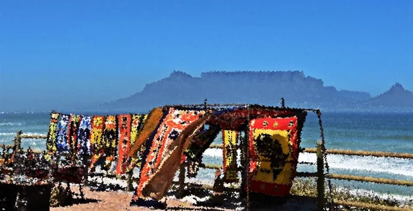 Landschap Met Afrikaanse Markt Tafelberg Zee Impressie — Stockfoto