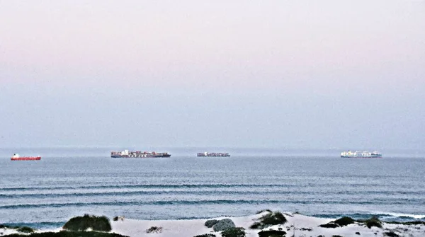 Landscape Container Ships Morning Light Blouberg Beach Mixed Media — Φωτογραφία Αρχείου