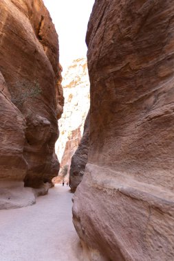 Ürdün Petra 'nın kırmızı kayaları arasında seyahat ederken 