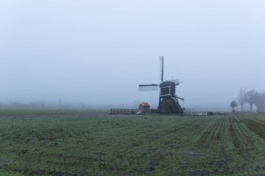 Sabah erken saatlerde yel değirmeninin görüntüsü Yağmurdan sonra sisli hava