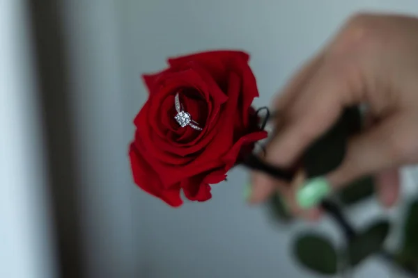 Casamento Proposta Presente Anel Ouro Com Diamantes Botão Flor — Fotografia de Stock