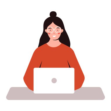 Woman with laptop sitting at the table. Concept illustration for working, freelancing, studying, education, work from home. Women who work from home. Vector illustration in flat cartoon style