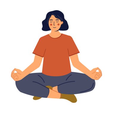 Lotus pozisyonunda meditasyon yapan genç bir kadın. Yoga, meditasyon, rahatlama, dinlenme, sağlıklı yaşam tarzı kavramları. Çizgi film tarzında vektör illüstrasyonu.