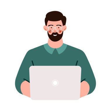 Adam dizüstü bilgisayarında çalışıyor. Proje yönetimi kavramı. Serbest bir iş. Çizgi film tarzında vektör illüstrasyonu