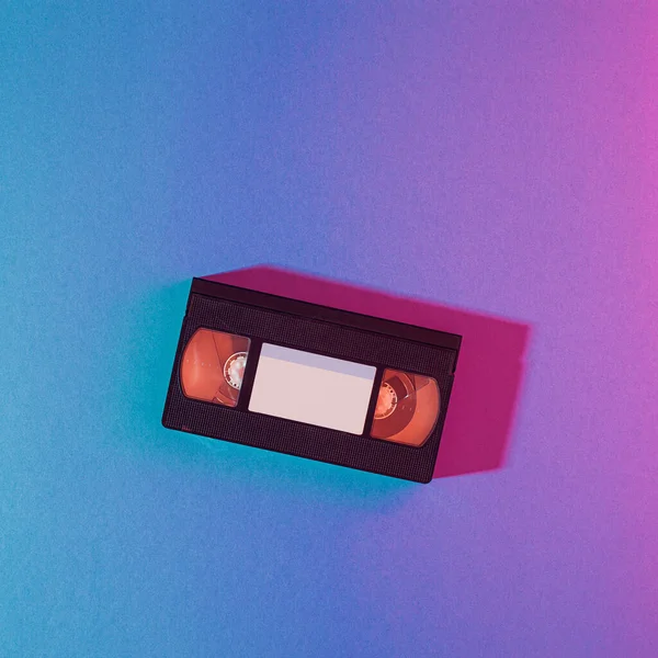 Retro Composition Single Video Cassette Blue Red Neon Lights Square — Stock Photo, Image
