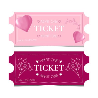 Templates 2 tickets for Valentine's Day, International Women's Day, Date, Birthday in pink and cherry colors. Romantic invitation cards for a holiday for girls, women for one person.Isolated on white.