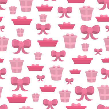 Vector seamless pattern for Valentine's Day. Romantic pattern on a white background with pink gift boxes and pink bows. Hand-drawn elements in a flat style.