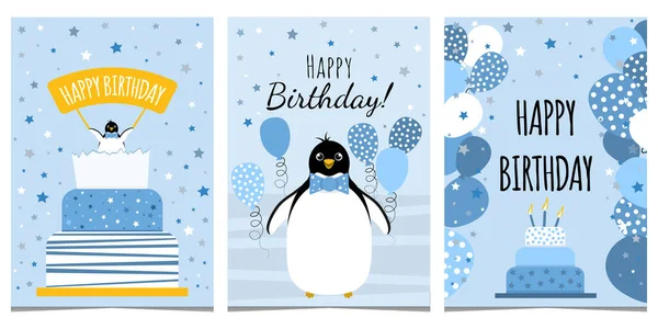 Set Three Vector Cards Children Birthday Boy Birthday Card Penguin — Stock Vector
