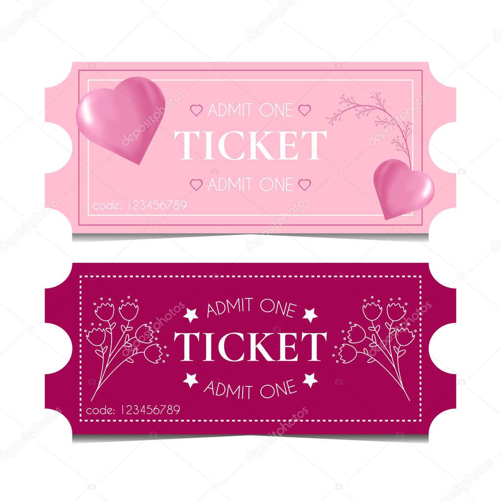 Templates 2 tickets for Valentine's Day, International Women's Day, Date, Birthday in pink and cherry colors. Romantic invitation cards for a holiday for girls, women for one person.Isolated on white.