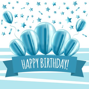 Happy birthday card in blue colors for boy, man. Greeting card with blue shiny balloons, stars and serpentine. Postcard in a square format.