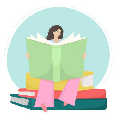 Kız büyük bir kitap yığınının üzerinde oturmuş hevesle büyük bir kitap okuyor. Düz stil içinde soyut bir genç kız. Hiperbolize edilmiş oranlar. Beyaz arkaplanda izole.