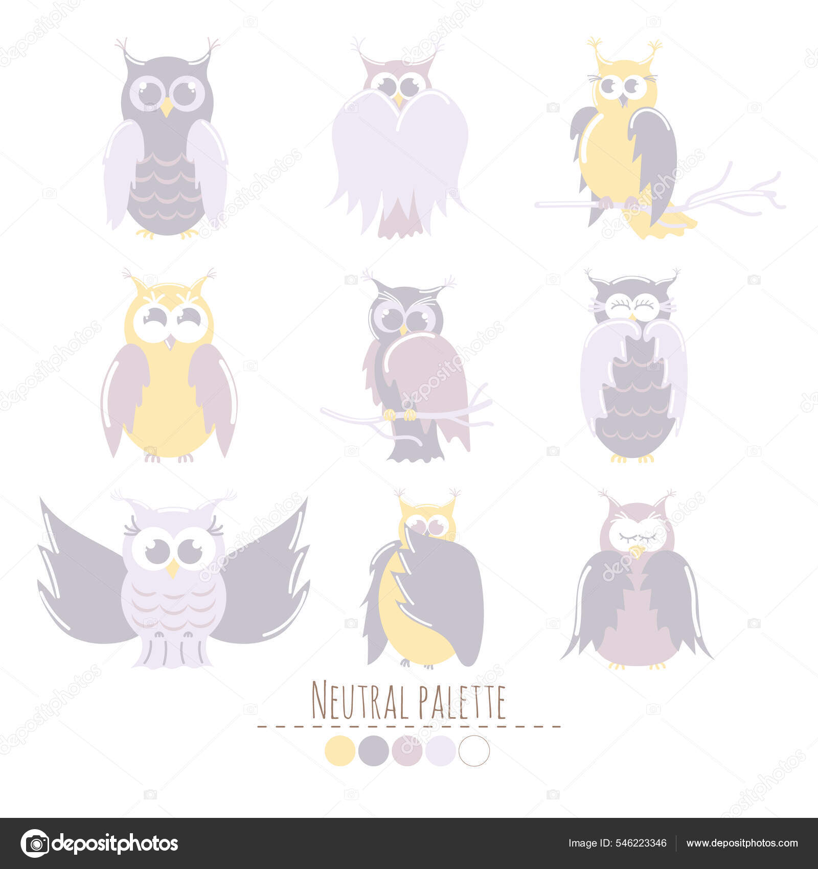 9種類のかわいいフクロウのポーズや色が異なります 手描き 白い背景に隔離された子供漫画のイラスト ニュートラルカラーパレット ストックベクター  ©Happinessincreation 546223346, image size:1600x1700