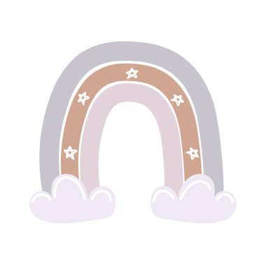 Yıldızlar ve bulutlarla boho tarzında şirin gökkuşağı. Elle çizim. Beyaz arka planda izole edilmiş çocuksu karikatür çizimi. Nötr renk paleti.