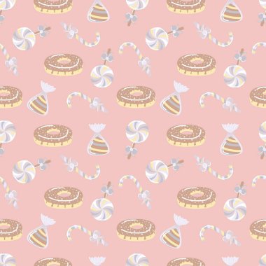 Şekerli, pembe, pürüzsüz desen. Donut, lolipop ve şekerlemeli kare desen.
