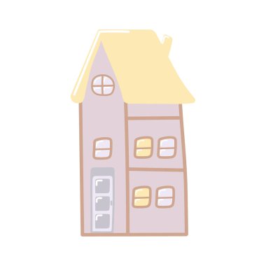 Süslü, uzun ve ince, şirin bir banliyö evi. Çocukça çizgi film tarzında çizilmiş bir el. Pencereleri, sarı sazdan çatısı ve ahşap elementleri olan basit bir vektör pembe evi. Beyaz arkaplanda izole.