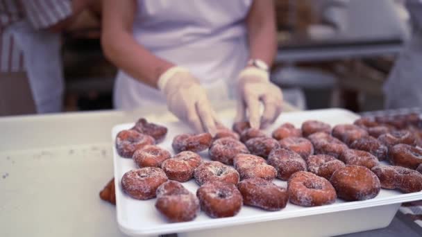 Preparation Sugar Donuts Sprinkled Sugar Aniseed Traditional Dessert Brunyols Catalonia — Stockvideo
