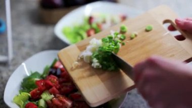 Preparation of a salad with tomatoes, cucumbers, vegetables and green onions