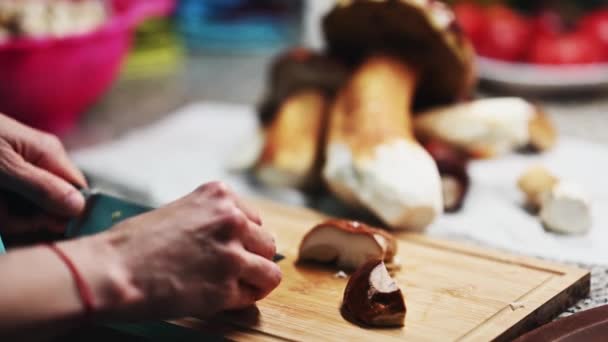 Person Cutting Mushrooms Wooden Kitchen Board — Video Stock