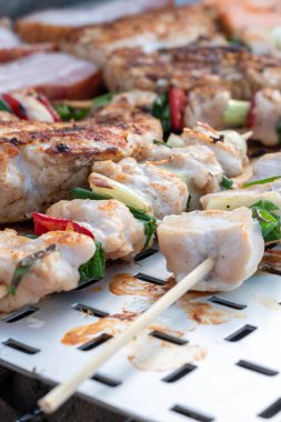 Tavuk göğsü ve domuz eti taze renkli ve lezzetli sebzelerle ahşap şişte çekiliyor.
