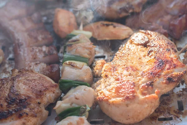 Hühnerbrust Und Schweinefleisch Holzspieß Mit Frischem Buntem Und Schmackhaftem Gemüse — Stockfoto